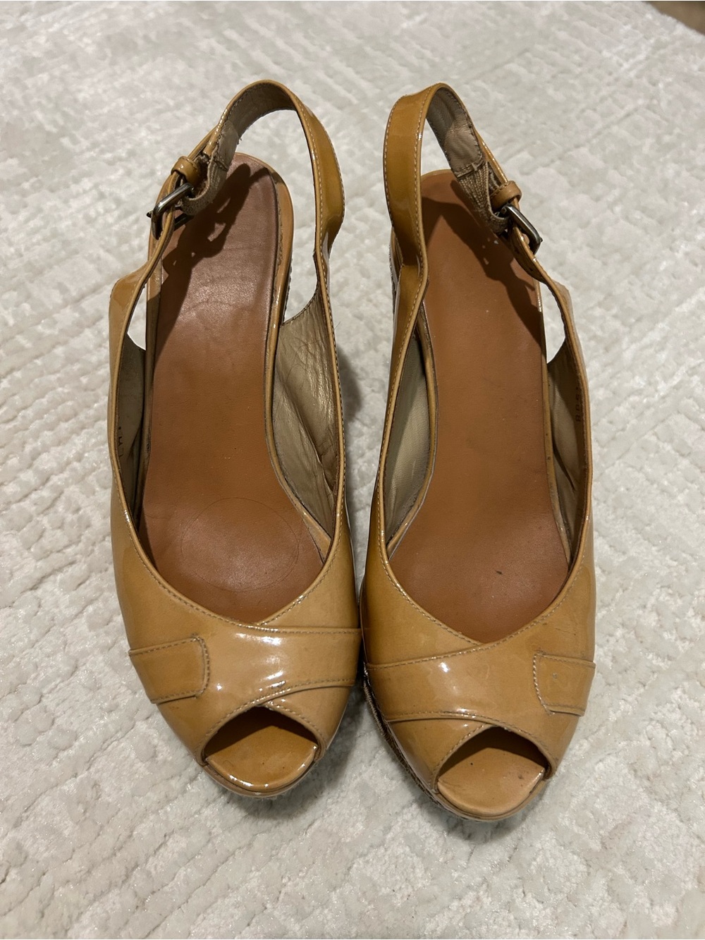 Stuart Weitzman Tan Peep-Toe Slingback Heels
